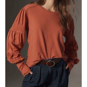 Pilcro Anthropologie Crew-Neck Ruched & Smocked-Sleeve Top XL Rose